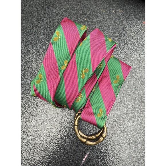 J.Crew Belt Womens S/M Pink Green Striped Silk D Ring Tennis Racket Preppy - Picture 6 of 7